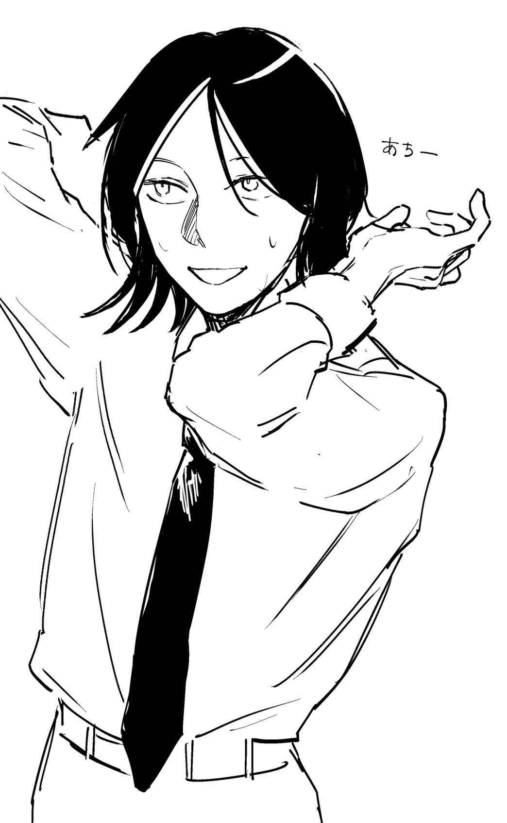 1boy :d belt futsuu_no_keion-bu greyscale hands_up high_contrast highres lineart long_sleeves looking_up male_focus medium_hair monochrome necktie open_mouth pants parted_bangs rindou_(rnd7120) school_uniform simple_background small_sweatdrop smile solo taguchi_ryuuya upper_body white_background