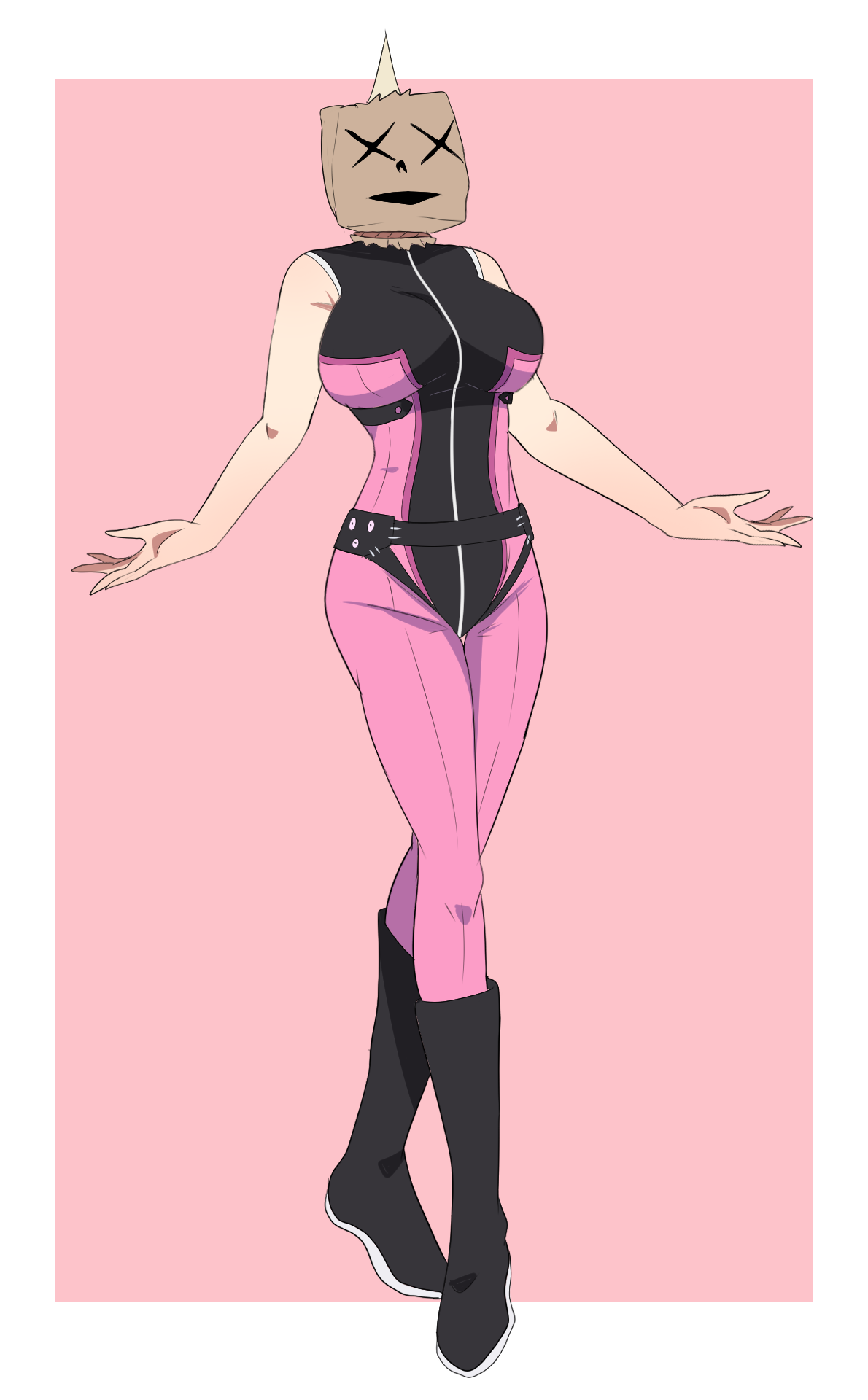 1girl bag_on_head boots border breasts cape doojang gloves highres hwalipon large_breasts pants pink_background pink_keeper pink_pants pink_shirt sakurama_sesera sentai_daishikkaku shirt simple_background sleeveless sleeveless_shirt white_border white_gloves