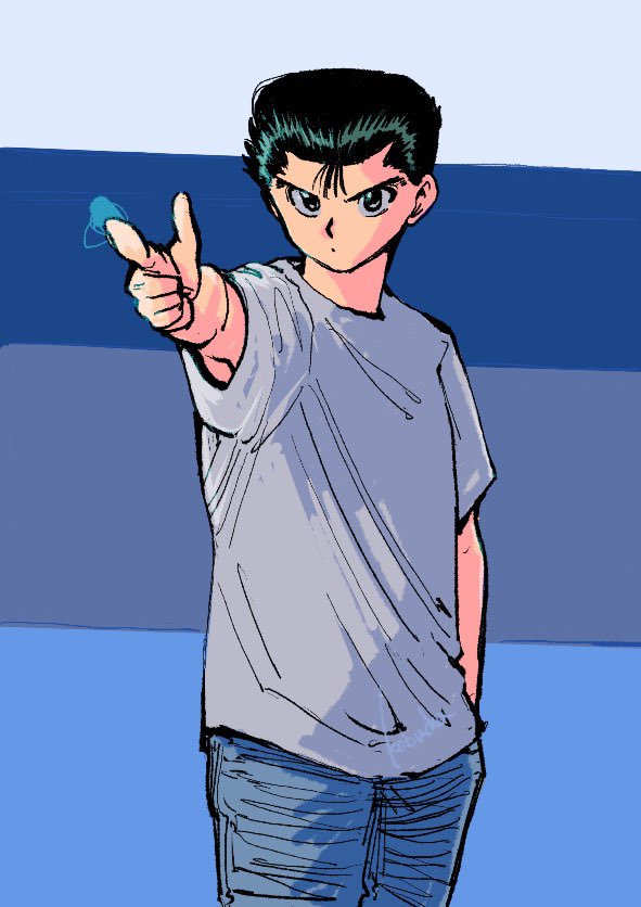 1boy 2024_summer_olympics aiming arm_at_side black_eyes black_hair blue_pants closed_mouth finger_gun male_focus olympic_shooting_glasses olympics outstretched_arm pants pointing rei_gun shirt shiseriya short_hair simple_background solo urameshi_yusuke white_shirt yusuf_dikec yusuf_dikec_(meme) yuu_yuu_hakusho