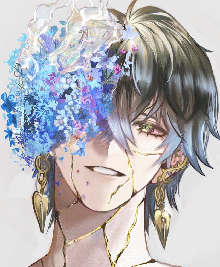 1boy blue_flower blue_hair broken_skin brown_hair earrings flower flower_over_eye gold gradient_eyes gradient_hair green_eyes green_hair grey_background grin hair_between_eyes ike_eveland jewelry looking_at_viewer male_focus meme_request multicolored_eyes multicolored_hair nijisanji nijisanji_en simple_background smile solo virtual_youtuber yellow_eyes zoge4