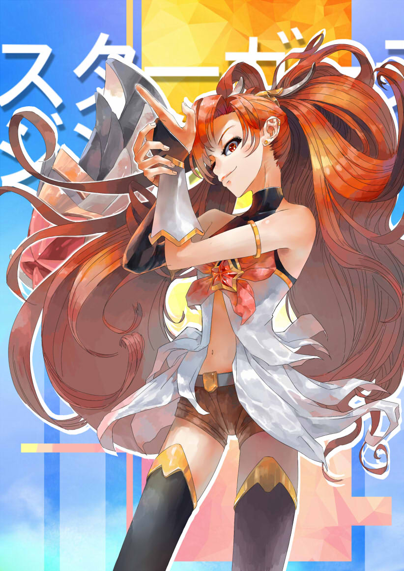 1girl alternate_costume alternate_hair_color alternate_hairstyle bare_shoulders belt black_gloves black_thighhighs bow elbow_gloves female_focus fingerless_gloves gloves gumae hair_ornament jinx_(league_of_legends) league_of_legends long_hair magical_girl red_bow red_eyes red_hair red_lips red_neckwear short_shorts shorts smile solo star_guardian_(league_of_legends) star_guardian_jinx thighhighs twintails very_long_hair