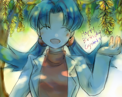 blue_hair earrings happy_birthday jewelry kris_(pokemon) lab_coat lowres nintendo pokemon pokemon_adventures smile star_(symbol) star_earrings sweater tachiuo_(arines) turtleneck turtleneck_sweater twintails