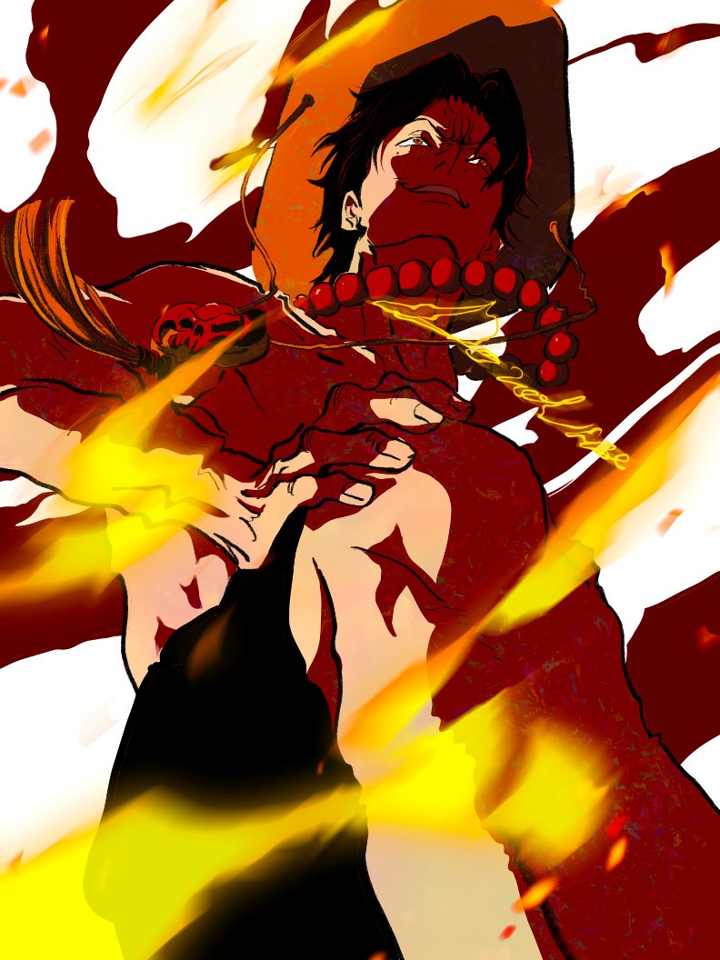 1boy black_hair black_shorts fengcheche fire freckles from_below jewelry looking_ahead male_focus necklace one_piece orange_hair pearl_necklace portgas_d._ace short_hair shorts simple_background solo topless_male white_background