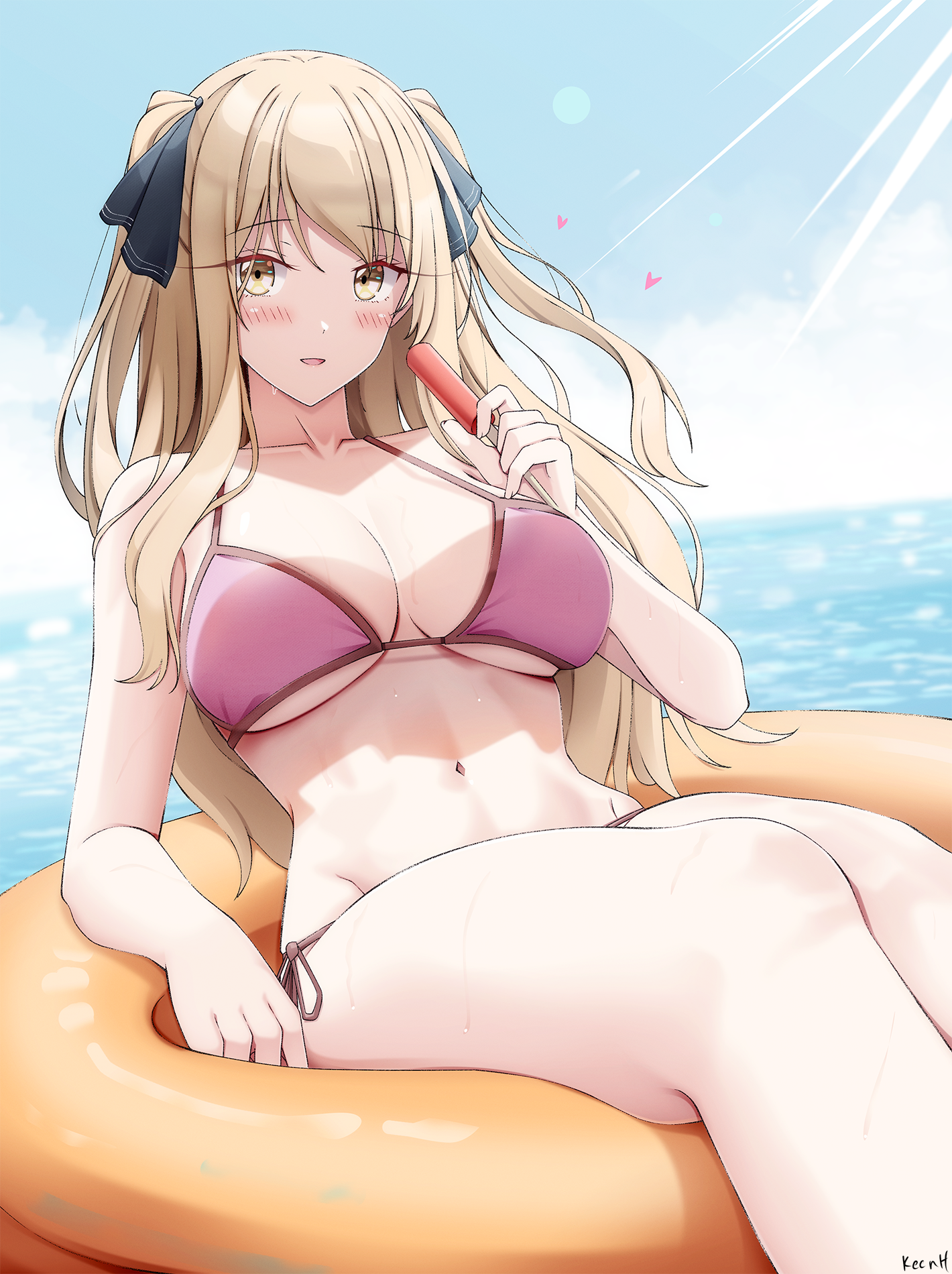 1girl ao_no_kanata_no_four_rhythm artist_name bare_arms bare_shoulders bikini black_ribbon blonde_hair blush breasts cleavage collarbone food hair_ribbon heart highres innertube keenh large_breasts long_hair looking_at_viewer navel ocean outdoors parted_lips pink_bikini popsicle ribbon satouin_reiko side-tie_bikini_bottom sitting smile solo sunlight swim_ring swimsuit thighs underboob water