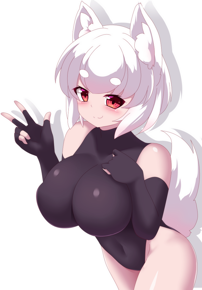 1girl animal_ear_fluff animal_ears black_gloves black_leotard blush breasts closed_mouth commentary_request cowboy_shot elbow_gloves gloves inubashiri_momiji large_breasts leotard looking_at_viewer red_eyes short_hair simple_background sivamaron smile solo tail thick_eyebrows touhou white_background white_hair wolf_ears wolf_girl wolf_tail