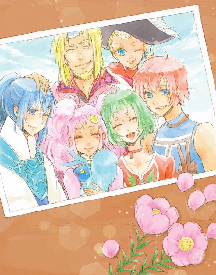 00s 3boys 3girls ^_^ bare_shoulders beard blonde_hair blue_eyes blue_hair chat_(tales) choker closed_eyes dark_skin facial_hair farah_oersted flower fog_(tales) gloves green_hair happy hat keele_zeibel long_hair looking_at_viewer meredy_(tales) multiple_boys multiple_girls one_eye_closed open_mouth photo_(object) ponytail purple_hair quickie_(tales) red_hair reid_hershel short_hair smile tales_of_(series) tales_of_eternia twintails v wink