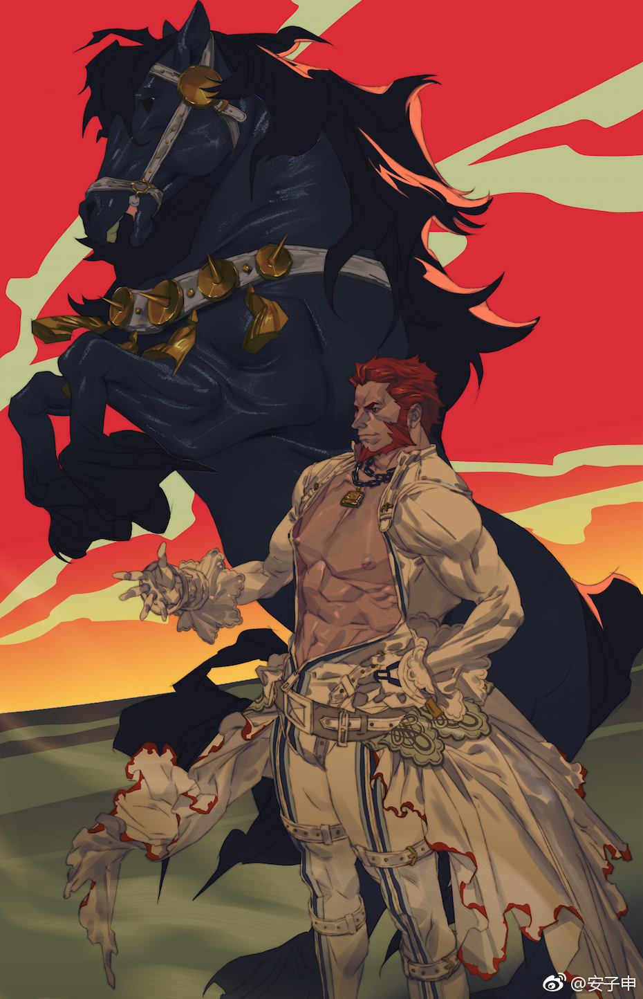 1boy anzishen cosplay crossdressing crossdressing_(mtf) fate/grand_order fate_(series) gloves highres horse iskandar_(fate) jewelry muscular muscular_male necklace nero_claudius_(bride)_(fate) nero_claudius_(bride)_(fate)_(cosplay) nero_claudius_(fate) red_hair sky standing white_gloves