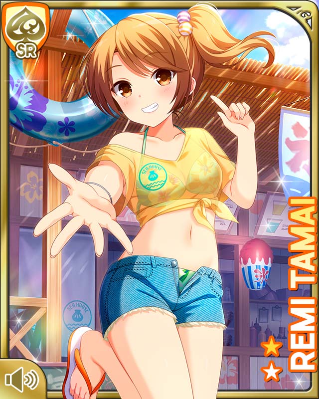 1girl arm_up beach bikini brown_eyes brown_hair card_(medium) character_name closed_mouth cowboy_shot day denim denim_shorts flip-flops girlfriend_(kari) green_bikini looking_at_viewer low_twintails ocean official_art outdoors qp:flapper sand sandals see-through_clothes see-through_shirt shirt short_shorts shorts sky smile solo standing swimsuit tamai_remi teeth thighs twintails water yellow_shirt
