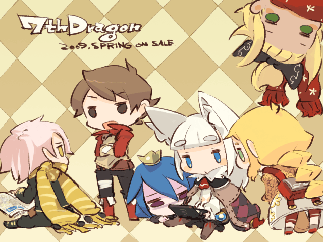2boys 4girls 7th_dragon 7th_dragon_(series) animal_ears blonde_hair blue_eyes blue_hair boon_(7th_dragon) bow brown_eyes brown_hair cape chibi crown fighter_(7th_dragon) forehead green_eyes hair_bow handheld_game_console hatch_(7th_dragon) healer_(7th_dragon) high_ponytail ikurakun_(7th_dragon) mage_(7th_dragon) mol_(7th_dragon) momomeno_(7th_dragon) mota multiple_boys multiple_girls nintendo_ds pink_hair ponytail princess_(7th_dragon) purple_eyes rogue_(7th_dragon) scarf upside-down white_hair yac_(7th_dragon)