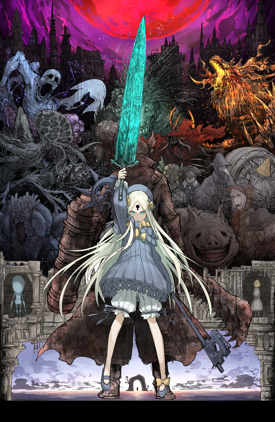 abigail_williams_(fate) amygdala_(bloodborne) arm_up back-to-back blood-starved_beast bloodborne bow cannon city crossover ebrietas_daughter_of_the_cosmos eileen_the_crow eldritch_abomination fate/grand_order fate_(series) gehrman_the_first_hunter glowing glowing_weapon greatsword hair_bow hat highres holding holding_weapon hunter_(bloodborne) kankan33333 key laurence_the_first_vicar looking_at_viewer ludwig_the_accursed moon moonlight_greatsword night night_sky orphan_of_kos plain_doll red_moon saw saw_cleaver sky smile sword the_old_hunters tricorne weapon