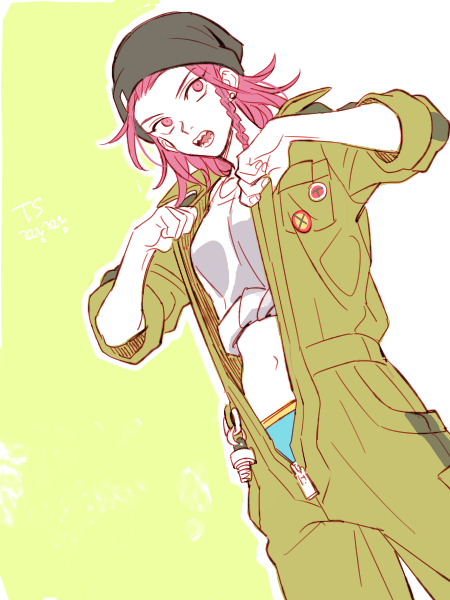 1girl beanie braid breasts commentary_request cowboy_shot danganronpa_(series) danganronpa_2:_goodbye_despair dg_xhs dutch_angle genderswap genderswap_(mtf) green_jumpsuit hat jumpsuit korean_commentary looking_at_viewer medium_hair navel open_jumpsuit open_mouth pink_eyes pink_hair sharp_teeth shirt shirt_rolled_up side_braid soda_kazuichi solo standing teeth white_shirt