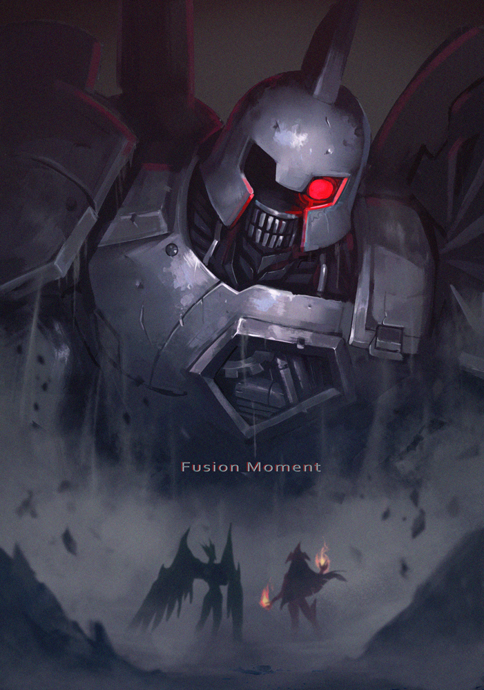 1boy 1girl ancient_gear_golem duel_monster dust dust_cloud elemental_hero_avian elemental_hero_burstinatrix english_text film_grain fire gears glowing glowing_eye helmet long_hair looking_down looking_up mecha red_eyes robot rubble scratches sihai_(wsskdywe) size_difference standing wings yu-gi-oh! yu-gi-oh!_gx