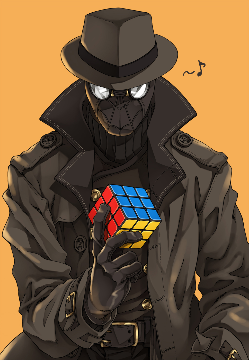 1boy belt belt_buckle black_belt black_coat black_gloves black_hat black_sweater buckle buttons coat collared_coat commentary_request double-breasted fedora gloves goggles hand_up hat highres holding kasetsu_03 lapels long_sleeves male_focus marvel mask musical_note open_clothes open_coat orange_background popped_collar ribbed_sweater rubik&#039;s_cube simple_background solo spider-man:_into_the_spider-verse spider-man_(series) spider-man_noir spider-verse sweater trench_coat turtleneck turtleneck_sweater