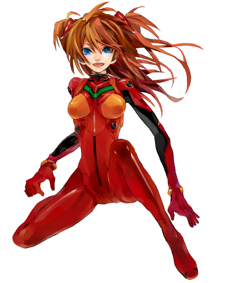 1girl bad_id bad_pixiv_id blue_eyes bodysuit breasts female_focus full_body latex long_hair mecha_pilot_suit neon_genesis_evangelion orange_hair plugsuit_(evangelion) serori simple_background smile solo souryuu_asuka_langley white_background