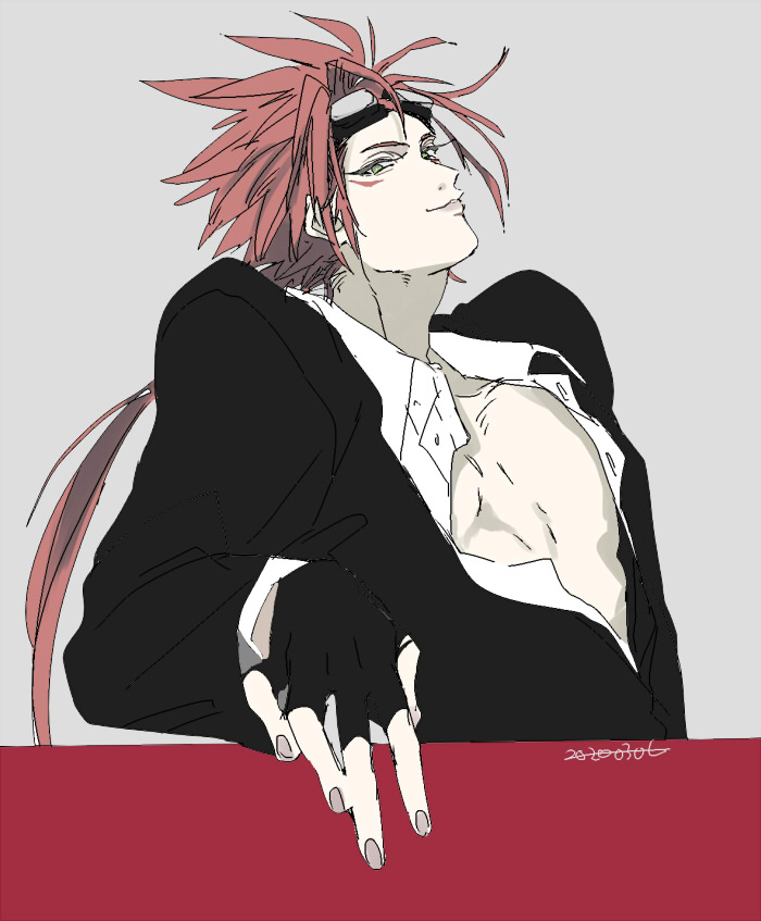 1boy black_gloves black_jacket black_suit collared_shirt dated facial_mark final_fantasy final_fantasy_vii fingerless_gloves formal_clothes gloves grey_background jacket looking_at_viewer low_ponytail male_focus ponytail reno_(ff7) shirt short_hair_with_long_locks sketch smirk solo spiked_hair suit upper_body white_shirt zc_furuya