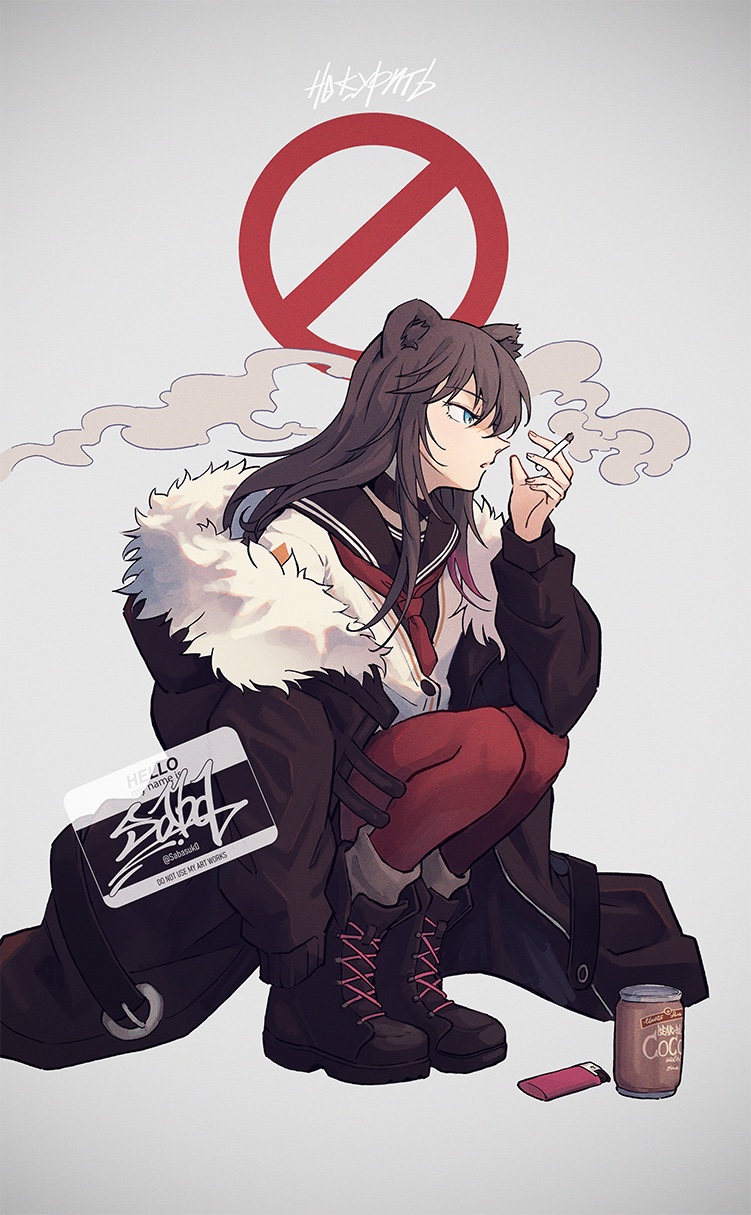1girl animal_ears aqua_eyes arknights bear_ears black_boots black_choker black_jacket boots breasts brown_hair brown_shirt brown_skirt can cardigan choker cigarette drink_can full_body fur-trimmed_jacket fur_trim highres holding holding_cigarette jacket lace-up_boots lighter long_hair long_sleeves multicolored_hair necktie no_symbol open_clothes open_jacket pantyhose peppsi_(saba_sabasuk0) red_necktie red_pantyhose school_uniform shirt sidelocks signature simple_background skirt smoke smoking soda_can solo squatting two-tone_hair watermark white_background white_cardigan zima_(arknights)