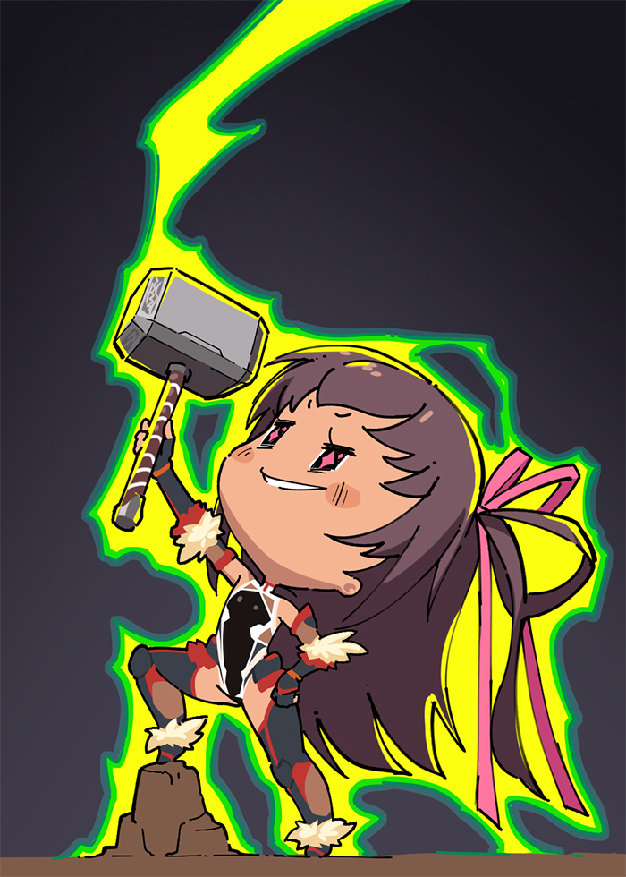 1girl arm_up aura bare_legs blush blush_stickers boots breasts brown_hair chibi dark-skinned_female dark_skin electricity female_focus full_body glowing grin hair_ribbon hammer hand_on_own_hip happy highleg highleg_leotard holding holding_hammer holding_weapon legs_apart leotard lightning long_hair looking_up marvel marvel_cinematic_universe mizuki_yukikaze mjolnir_(marvel) outdoors pink_eyes revealing_clothes ribbon shiny_clothes skin_tight small_breasts smile solo standing symbol-shaped_pupils taimanin_(series) taimanin_suit taimanin_yukikaze taimanun thong_leotard thor_(series) twintails two_side_up very_long_hair weapon weapon_connection wide_hips