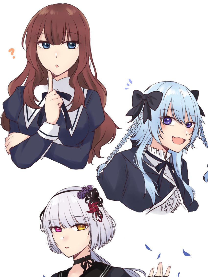 3girls :d :o ? arms_at_sides assault_lily black_bow black_choker black_gloves black_hairband black_ribbon black_sailor_collar blue_eyes blue_hair blush bow bow_hairband braid breasts brown_hair buttons center_frills choker cropped_arms cropped_jacket cropped_torso falling_petals fang finger_to_own_chin fingerless_gloves flower frilled_shirt frilled_shirt_collar frills gloves grey_hair hair_bow hair_flower hair_ornament hairband hand_on_own_arm hand_up hands_up heterochromia juliet_sleeves kaede_johan_nouvel long_hair long_sleeves looking_at_viewer looking_to_the_side low_ponytail medium_breasts mori_tatsuki multiple_girls neck_ribbon nigari_(ngari_0115) notice_lines open_mouth parted_lips petals pink_eyes ponytail puffy_sleeves purple_eyes purple_flower red_flower ribbon ribbon_choker sailor_collar school_uniform serafuku shirt sidelocks sideways_glance simple_background skin_fang smile twin_braids upper_body wavy_hair white_background white_shirt yamaguchi_chihiro_(assault_lily) yellow_eyes yurigaoka_girls_academy_school_uniform
