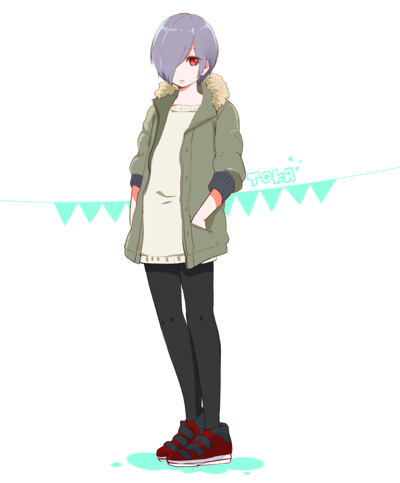 1girl alternate_costume bad_id bad_pixiv_id beige_sweater black_pantyhose character_name commentary_request dot_nose female_focus full_body green_jacket hair_over_one_eye hand_in_jacket jacket kirishima_touka looking_at_viewer nante_kottai pantyhose purple_hair red_eyes red_shoes shoes short_hair simple_background solo standing sweater tokyo_ghoul white_background