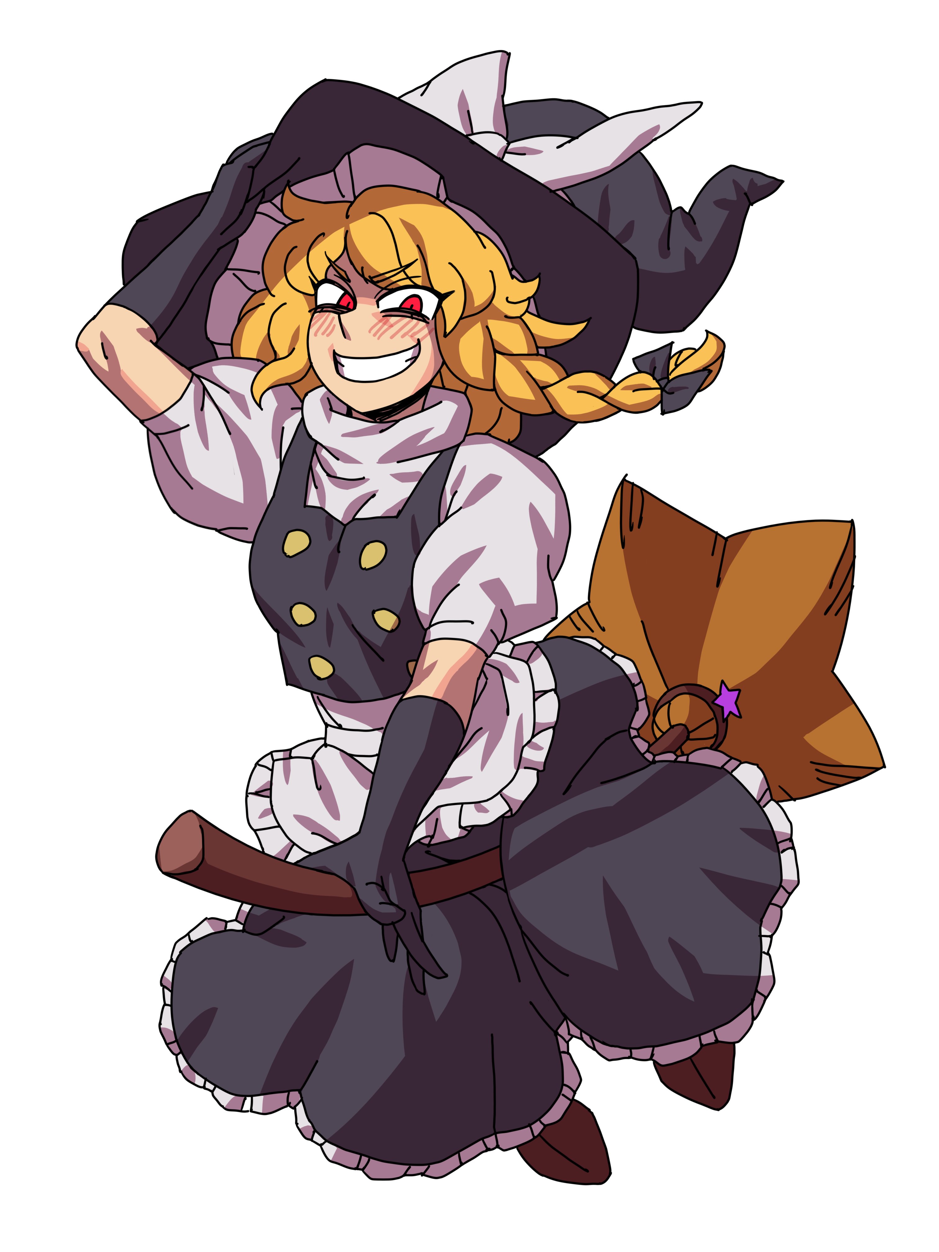 1girl absurdres apron black_bow black_gloves black_skirt black_vest blonde_hair blush bow braid broom broom_riding eddybird55555 frills gloves hair_bow hat hat_bow highres kirisame_marisa long_hair red_eyes side_braid simple_background single_braid skirt smile solo star_(symbol) touhou vest waist_apron white_background white_bow witch_hat
