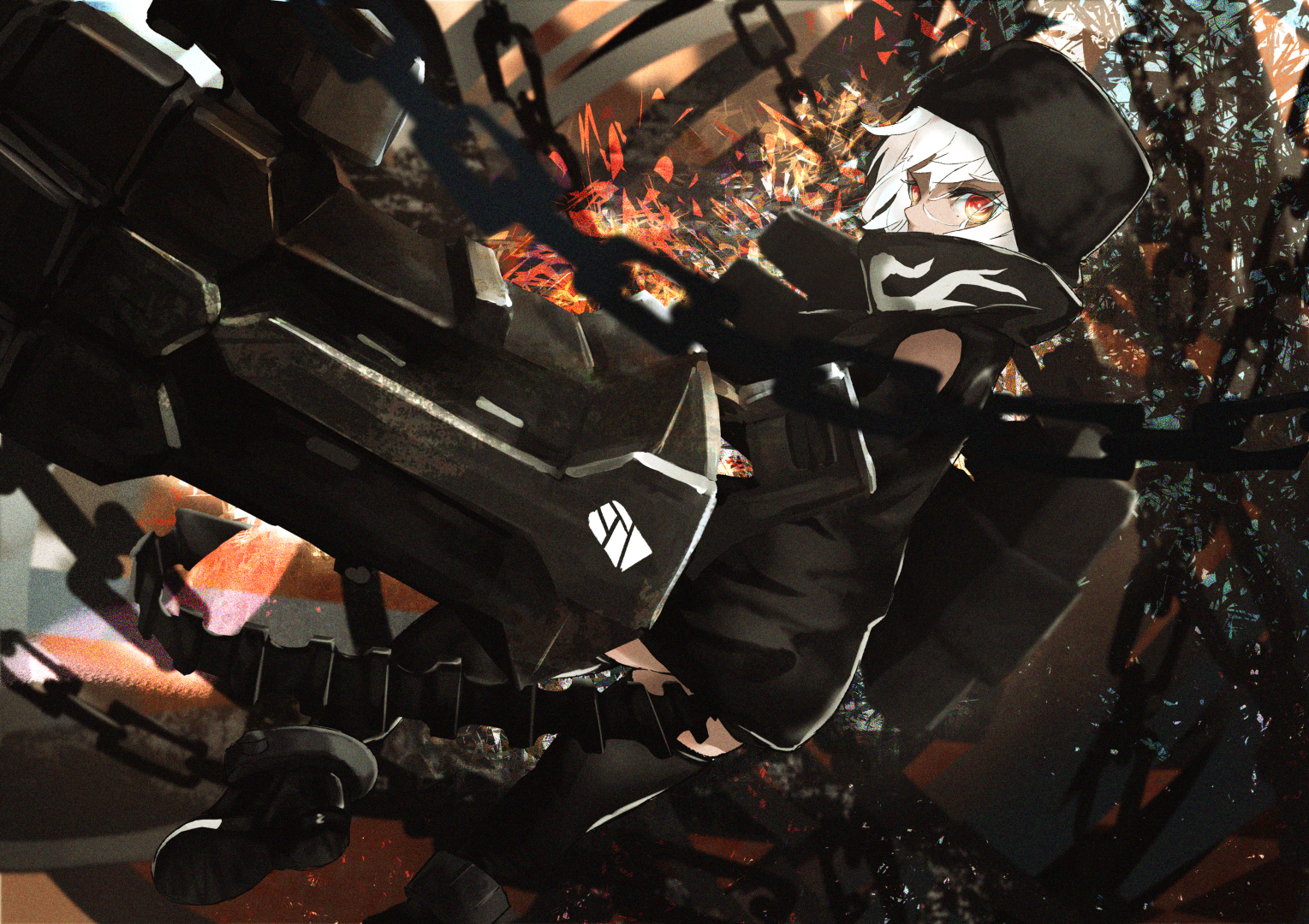 1girl black_footwear black_hoodie black_rock_shooter black_thighhighs chain dark-skinned_female dark_skin demon_tail flame_print hood hoodie mapo_nk mechanical_arms orange_eyes short_hair solo strength_(black_rock_shooter) tail thighhighs white_hair