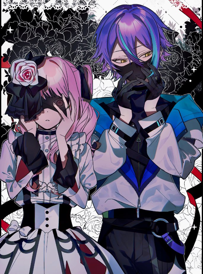 1boy 1other akiyama_mizuki black_gloves black_mask black_pants black_ribbon black_shirt blindfold blue_hair commentary cowboy_shot dh_vxt dress empty_eyes floral_background flower gloves gyakkou_no_lens_flare_(project_sekai) hair_between_eyes hair_flower hair_ornament hair_ribbon hands_on_own_face jacket juliet_sleeves kamishiro_rui keikyoku_no_machi_wa_doko_e_(project_sekai) layered_sleeves long_hair long_sleeves looking_at_viewer mask mouth_mask multicolored_hair pants parted_lips partially_unzipped pink_eyes pink_hair project_sekai puffy_sleeves purple_hair ribbon rose shirt short_hair side_ponytail sidelocks sleeve_zipper streaked_hair symbol-only_commentary two-tone_hair white_dress white_flower white_jacket white_rose wide-eyed yellow_eyes zipper_pull_tab