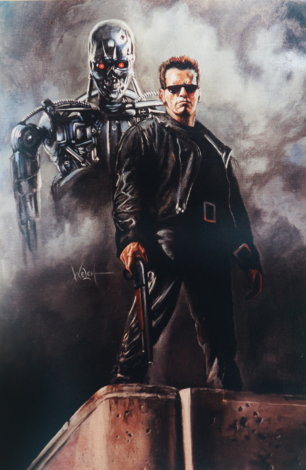 1boy arnold_schwarzenegger artist_name belt belt_buckle black_belt black_jacket black_pants black_shirt brown_hair buckle bullet_hole commentary dark_background english_commentary frown glowing glowing_eyes gradient_background grey_background gun highres holding holding_gun holding_weapon humanoid_robot jacket male_focus manly metal_skin pants realistic red_eyes robot sawed-off_shotgun shirt short_hair shotgun signature skeleton smoke standing_on_object sunglasses t-800 teeth terminator_(series) traditional_media weapon woodywelch