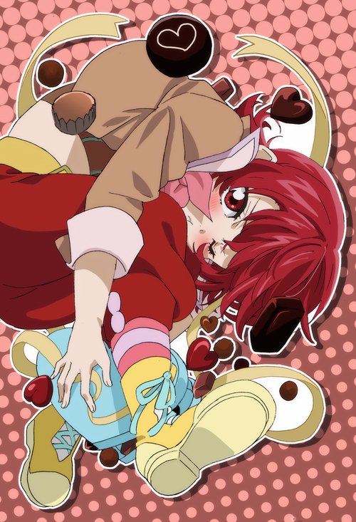 1girl box box_of_chocolates candy chocolate chocolate_heart closed_mouth food full_body fumiko_(mesushi) gift gift_box heart heart-shaped_box heart-shaped_food holding holding_gift iria_animi looking_at_viewer one_eye_closed polka_dot polka_dot_background red_eyes red_hair short_hair solo tales_of_(series) tales_of_innocence valentine