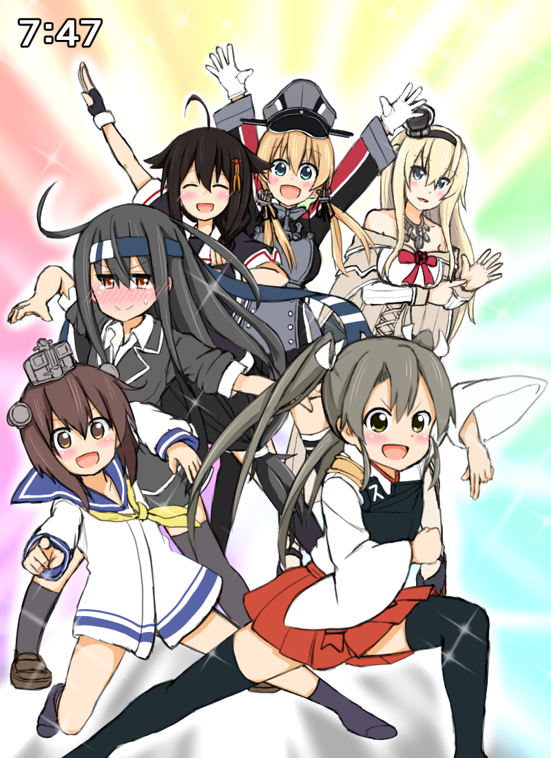 10s 6+girls ahoge anchor_hair_ornament animal_ears atsushi_(aaa-bbb) black_hair blush crown_hat hair_between_eyes hair_ornament hat hatsushimo_(kancolle) headband kantai_collection leaning_forward long_hair military military_hat military_uniform multiple_girls muneate neck_ribbon neckerchief open_mouth pointing pointing_at_viewer prinz_eugen_(kancolle) ressha_sentai_toqger revision ribbon school_uniform serafuku shigure_(kancolle) short_hair super_sentai thighhighs trait_connection warspite_(kancolle) yukikaze_(kancolle) zuikaku_(kancolle)