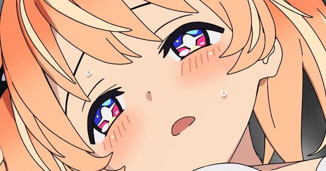 +_+ 1girl 3d blender_(medium) blonde_hair blush bright_pupils cel_rendering cel_shading commentary cropped english_commentary half-closed_eyes looking_at_viewer medium_hair mixed-language_commentary multicolored_eyes multicolored_hair open_mouth orange_hair paid_reward_available pink_eyes portrait purple_eyes rinne_(rinrinne) rinrinne rinrinne39_(artist) short_twintails sick solo streaked_hair sweat twintails virtual_youtuber white_pupils