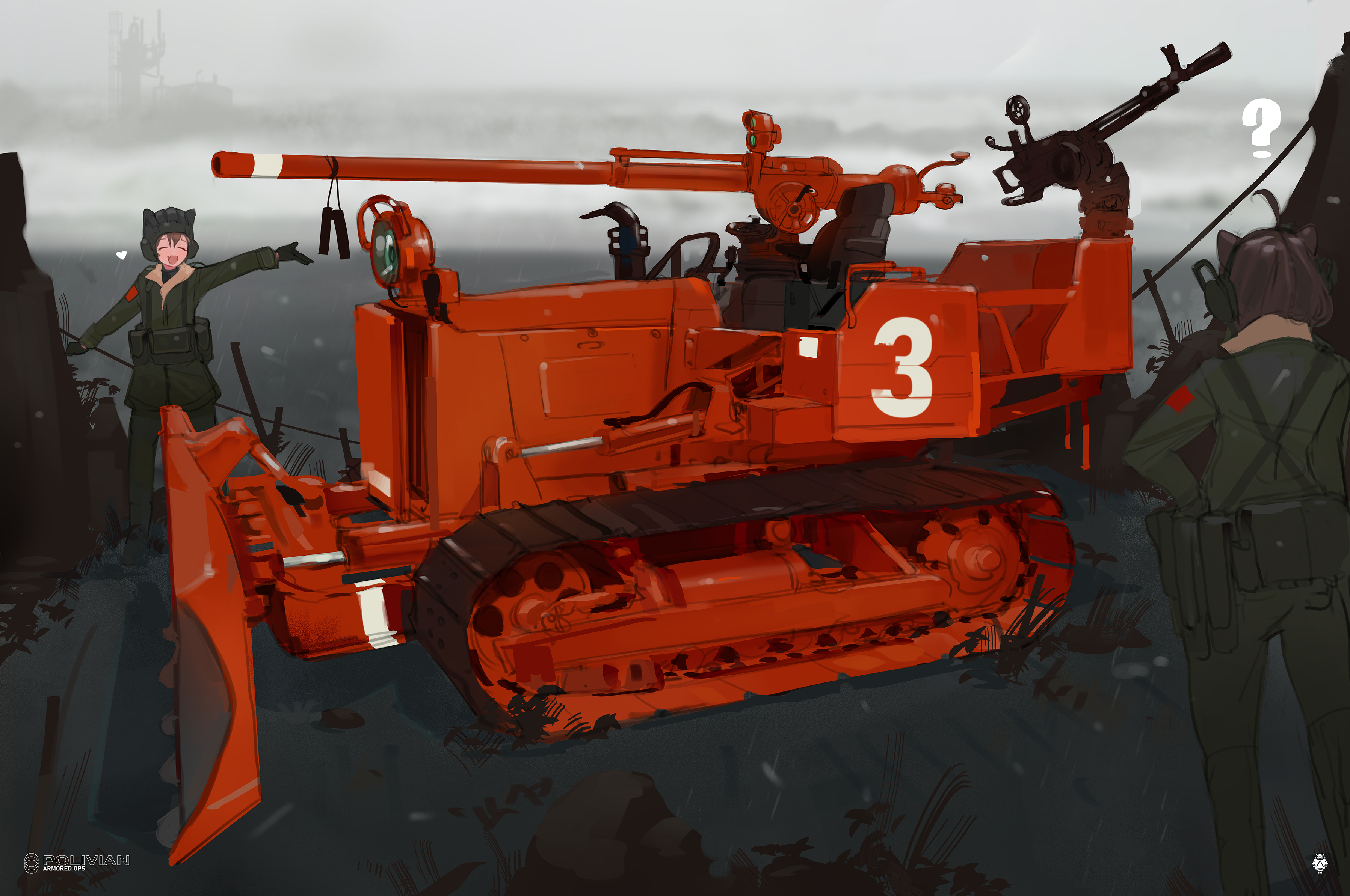 2girls :d ? absurdres animal_ear_headwear black_gloves bulldozer cannon coat dshk facing_viewer fake_animal_ears gloves green_coat green_pants gun hat heavy_machine_gun highres machine_gun military_hat multiple_girls open_mouth original outstretched_arms pants polilla pouch smile spread_arms standing weapon wide_shot