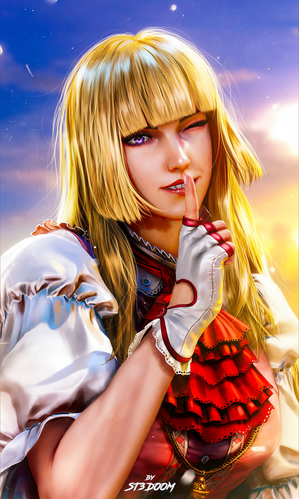 1girl blonde_hair breasts emilie_de_rochefort fingerless_gloves gloves highres lips long_hair looking_at_viewer one_eye_closed purple_eyes short_sleeves st3doom sunset tekken tekken_8 upper_body wink