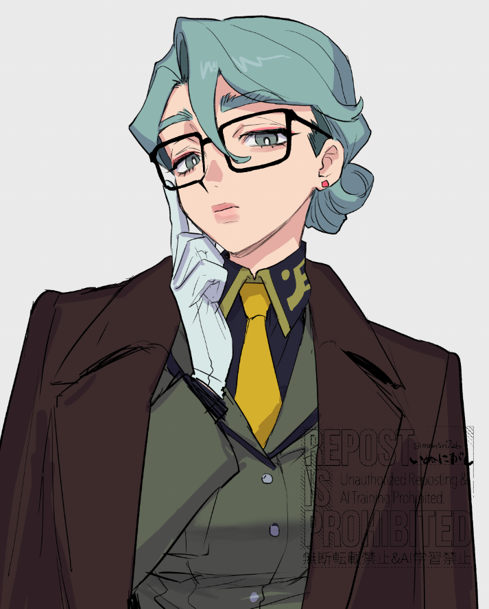 1girl adjusting_eyewear aqua_hair black-framed_eyewear black_shirt bright_pupils brown_coat challia_bull closed_mouth coat coat_on_shoulders collared_shirt commentary_request earrings eyeshadow frown genderswap genderswap_(mtf) gloves green_jacket grey_background gundam gundam_gquuuuuux hair_between_eyes hair_bun hand_on_eyewear index_finger_raised jacket jewelry katsuoboshi lipstick long_sleeves looking_at_viewer makeup necktie pink_eyeshadow pink_lips rectangular_eyewear shirt short_hair simple_background single_hair_bun solo thick_eyebrows upper_body watermark white_gloves white_pupils wing_collar yellow_necktie
