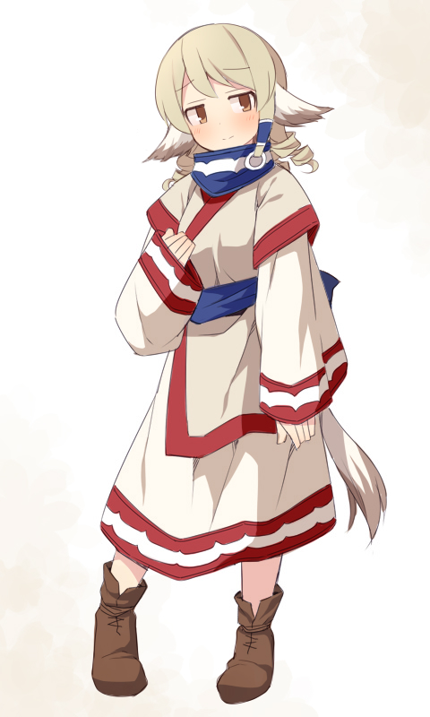1girl blush boots brown_boots brown_eyes brown_hair closed_mouth cosplay eruruu eruruu_(cosplay) full_body idolmaster idolmaster_cinderella_girls long_hair long_sleeves looking_at_viewer morikubo_nono ringlets sleeves_past_wrists smile solo standing tail uccow utawarerumono wide_sleeves