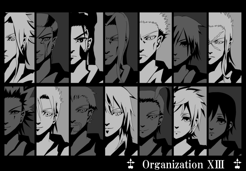 2girls 6+boys artist_request axel bad_id bad_pixiv_id black_coat_(kingdom_hearts) demyx disney earrings everyone facial_hair facial_mark greyscale grin jewelry kingdom_hearts kingdom_hearts_358/2_days larxene lexaeus long_hair luxord marluxia monochrome multiple_boys multiple_girls organization_xiii roxas saix scar short_hair smile vexen xaldin xemnas xigbar xion_(kingdom_hearts) zexion