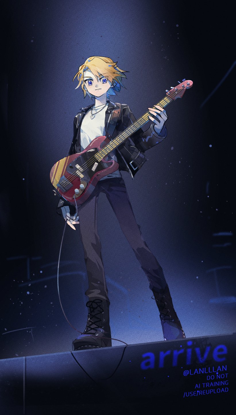 1boy black_boots black_jacket black_pants blonde_hair blue_eyes boots digimon digimon_adventure_02 electric_guitar full_body guitar highres instrument ishida_yamato jacket jewelry lanlllan looking_at_viewer male_focus pants pendant shirt short_hair solo standing white_shirt
