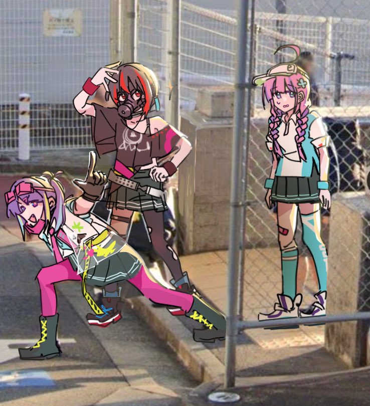 3girls ahoge aqua_eyes black_hair braid clover_hair_ornament date_akari eyewear_on_head gas_mask gloves hair_ornament heaven_burns_red high_school_girls_posing_for_google_street_view_(meme) ishii_iroha long_hair mask mask_pull meme mikoto_fubuki multicolored_hair multiple_girls necktie off-shoulder_shirt off_shoulder pantyhose photo_background purple_eyes purple_hair purple_pantyhose rantan_0925 red_hair shirt short_hair sidelocks skirt sportswear streaked_hair tennis_uniform twin_braids twintails visor_cap