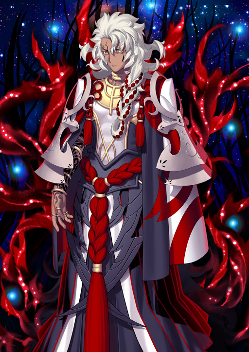 1boy arm_tattoo arms_at_sides bangle blue_background bracelet braid closed_mouth dark-skinned_male dark_skin fate/grand_order fate_(series) feet_out_of_frame frown gold_choker gold_ring grand_caster_(fate) hair_half_over_shoulder hair_tie jewelry long_hair looking_to_the_side male_focus multiple_bracelets multiple_rings official_art orange_eyes ring robe solo solomon_(fate) standing takeuchi_takashi tassel tattoo third-party_source thumb_ring white_hair