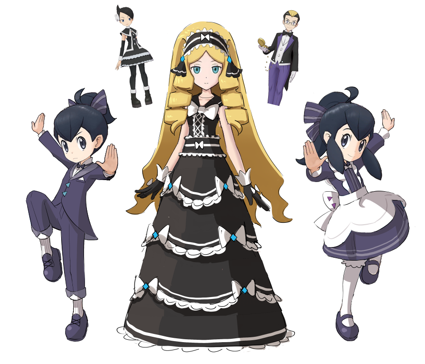 2boys 3girls alternate_costume black_dress black_gloves black_hair blonde_hair bow caitlin_(pokemon) closed_mouth commentary_request darach_(pokemon) dress drill_hair eyelashes ffccll gloves green_eyes grey_eyes jacket leg_up liza_(pokemon) long_hair marley_(pokemon) multiple_boys multiple_girls nintendo pants pokemon pokemon_dppt pokemon_masters_ex pokemon_oras pokemon_platinum ponytail reference_inset ribbed_socks shirt shoes sidelocks simple_background smile socks tate_(pokemon) twin_drills white_background white_bow