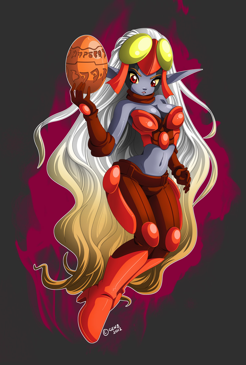 armor boots breasts cleavage full_body highres jak_and_daxter long_ears maia_acheron red_eyes white_hair