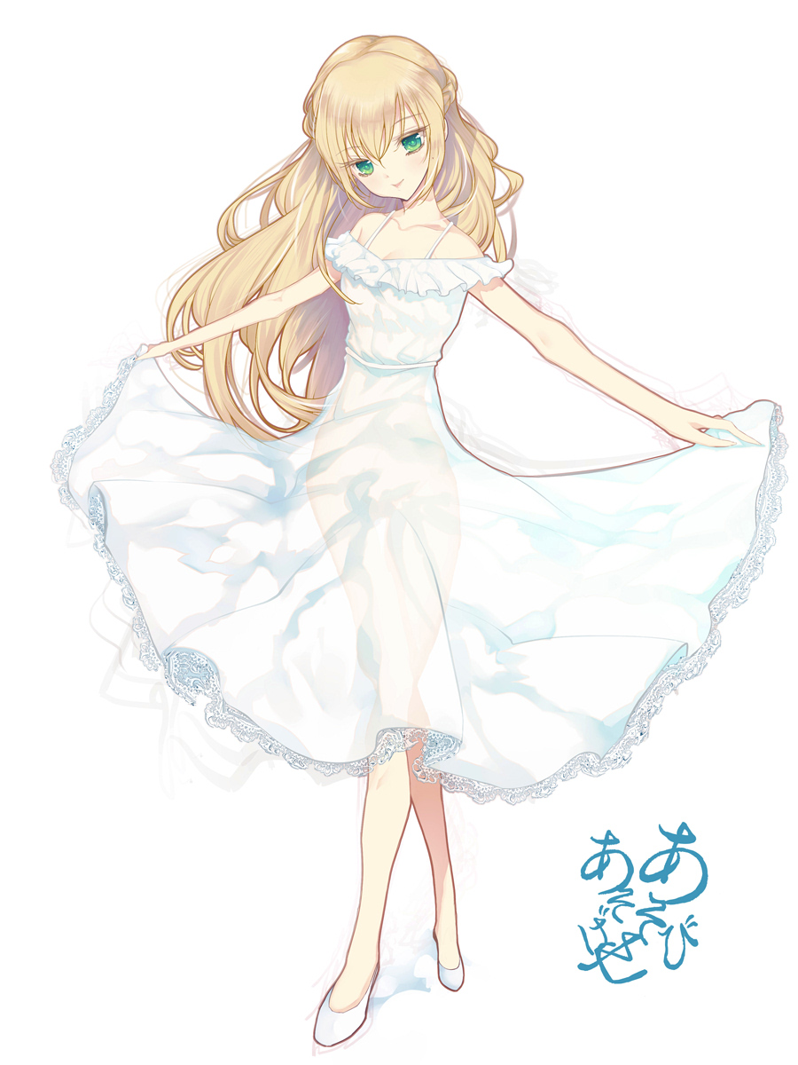 10s 1girl asobi_asobase bare_shoulders blonde_hair dress female_focus green_eyes hair_between_eyes highres long_hair looking_at_viewer modern_afro olivia_(asobi_asobase) see-through_silhouette skirt_hold smile solo