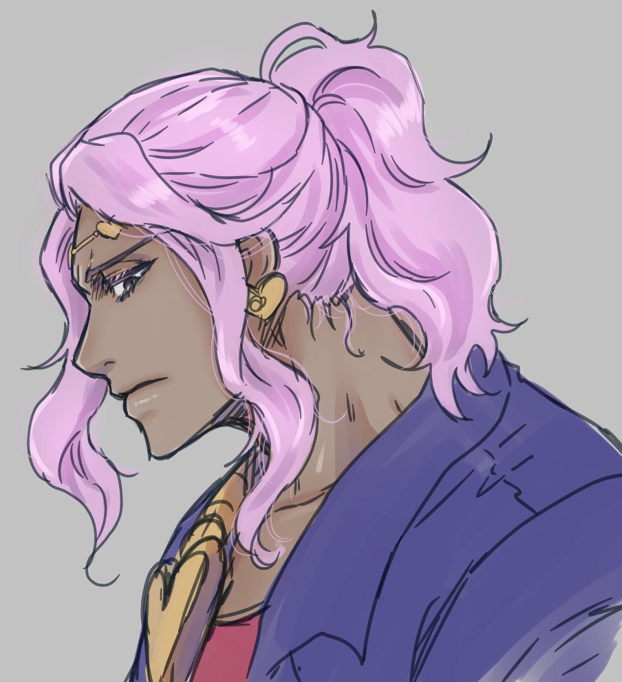 1boy alternate_hairstyle bad_id bad_pixiv_id black_eyes dark-skinned_male dark_skin earrings giga_omega hair_up headband jewelry jojo_no_kimyou_na_bouken long_hair male_focus ponytail profile purple_hair sidelocks solo vanilla_ice