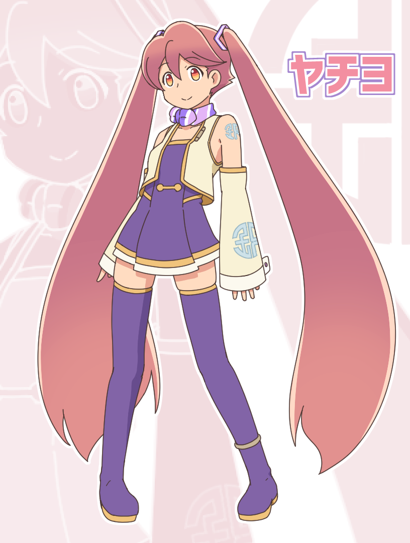 1girl adapted_costume apocalypse_hotel ascot boots brown_hair character_name cosplay detached_sleeves hatsune_miku hatsune_miku_(cosplay) long_hair orange_eyes shirosato solo thigh_boots thighhighs twintails very_long_hair vocaloid yachiyo_(apocalypse_hotel) zettai_ryouiki zoom_layer