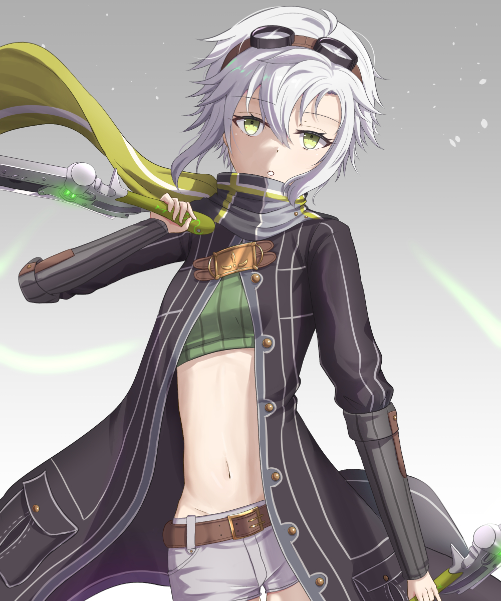 1girl breasts coat crop_top denim denim_shorts dual_wielding eiyuu_densetsu fie_claussell floating_scarf goggles goggles_on_head green_eyes grey_background gunblade hair_between_eyes highres holding holding_weapon long_sleeves looking_at_viewer navel open_clothes open_coat open_mouth parted_bangs scarf sen_no_kiseki sen_no_kiseki_(series) sen_no_kiseki_ii short_hair shorts simple_background small_breasts solo upper_body weapon white_hair witch_f