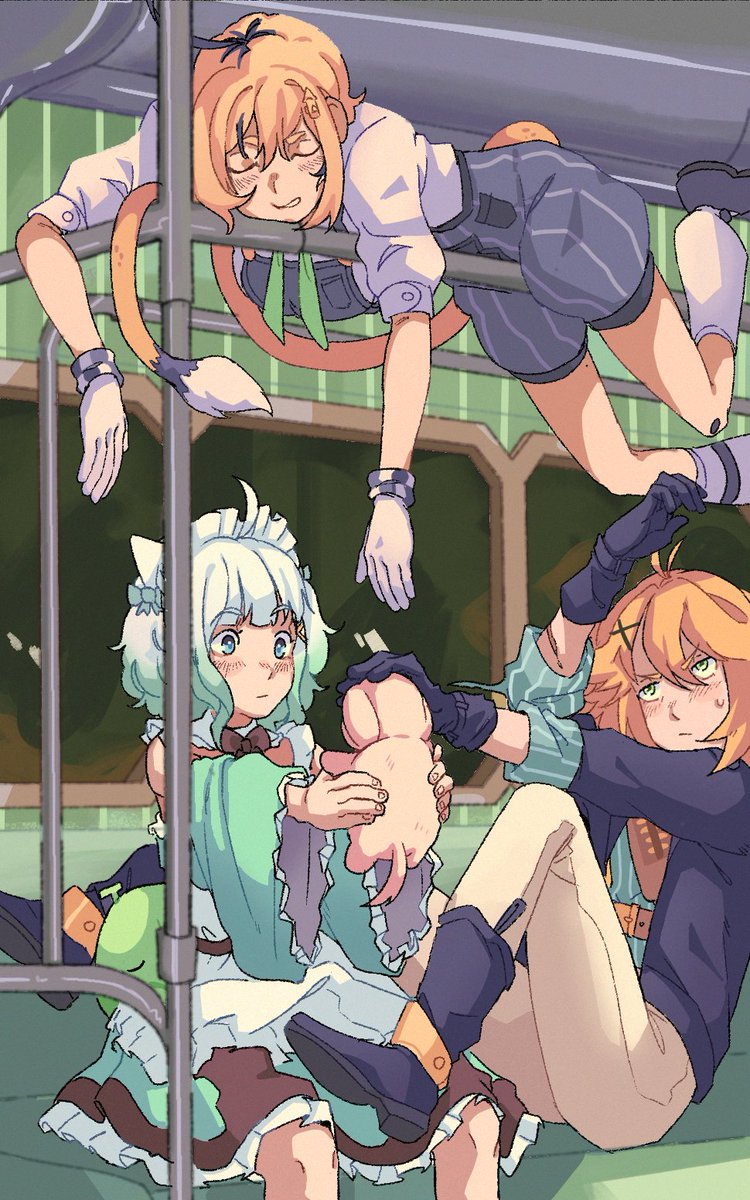 3girls addendium ahoge animal antenna_hair apron arm_up black_boots black_bow black_bowtie black_gloves black_hair black_jacket blonde_hair blue_eyes blue_overalls blue_shirt blue_shoes blurry blush boots bow bowtie bubbles_(dooby) closed_eyes closed_mouth commentary depth_of_field detached_collar detached_sleeves dokibird_(vtuber) dokibird_(vtuber)_(bounty_hunter) dooby_(vtuber) dress english_commentary gloves gradient_hair green_bow green_dress green_eyes green_hair green_neckerchief hair_between_eyes hair_bow hair_ornament hand_up hands_up highres holding holding_animal indie_virtual_youtuber indoors jacket jerboa_tail long_sleeves looking_at_animal looking_up lying maid_headdress mint_fantome mint_fantome_(minto_2.0) mouse_girl multicolored_hair multiple_girls neckerchief on_stomach open_clothes open_jacket overalls pants parted_lips puffy_short_sleeves puffy_sleeves scar shirt shoes short_hair short_sleeves sitting sleeping sleeves_rolled_up socks streaked_hair striped_clothes striped_shirt sweatdrop tail train_interior triangular_headpiece vertical-striped_clothes vertical-striped_overalls vertical-striped_shirt virtual_youtuber white_apron white_gloves white_hair white_pants white_shirt white_socks wide_sleeves x_hair_ornament