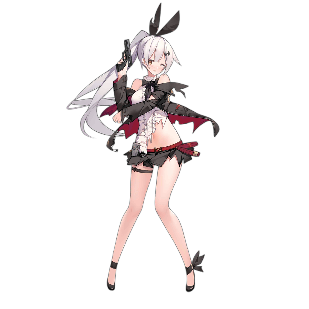 1girl arm_up bare_shoulders belt black_bow black_bowtie black_jacket black_shoes black_skirt blush bow bowtie breasts brown_eyes collar damaged defeat five-seven_(girls&#039;_frontline) fn_five-seven full_body girls&#039;_frontline gun hair_between_eyes hair_ornament handgun holding holding_gun holding_weapon jacket long_hair long_sleeves looking_at_viewer medium_breasts miniskirt navel off_shoulder official_art one_eye_closed parted_lips pdw-caliber_pistol ponytail pouch rabbit_hair_ornament red_belt shirt shoes sidelocks skirt sleeveless sleeveless_shirt solo standing stomach suisai_(suisao) thigh_strap torn_clothes torn_jacket torn_shirt transparent_background very_long_hair weapon white_hair zipper