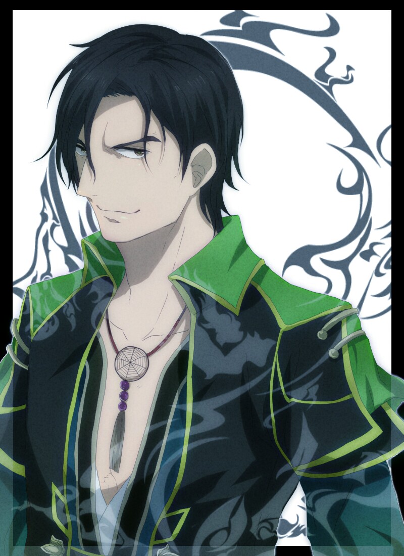 1boy black_hair fa_zheng jewelry male_focus necklace shin_sangoku_musou simple_background solo upper_body white_background