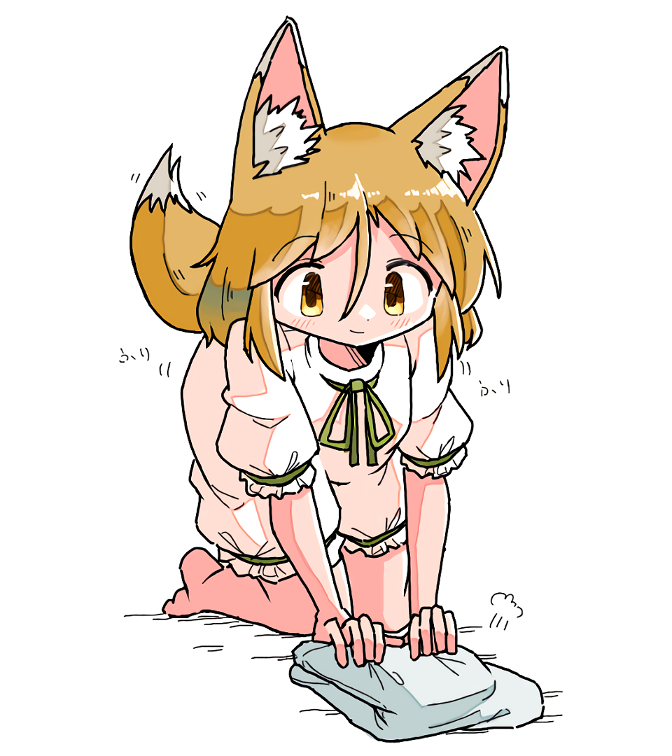 1girl all_fours animal_ear_fluff animal_ears barefoot blonde_hair commentary_request dot_nose folding_clothes fox_ears fox_girl fox_tail green_ribbon hair_between_eyes kasuya_baian kudamaki_tsukasa motion_lines puffy_shorts puffy_sleeves ribbon romper shorts simple_background smile tail touhou white_background white_romper yellow_eyes yellow_tail