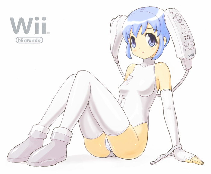 1girl blue_eyes blue_hair blush boots elbow_gloves female_focus fingerless_gloves game_console gloves heika_(heikahp) matching_hair/eyes nintendo personification product_girl shoes solo thighhighs thighs white_thighhighs wii wii-tan