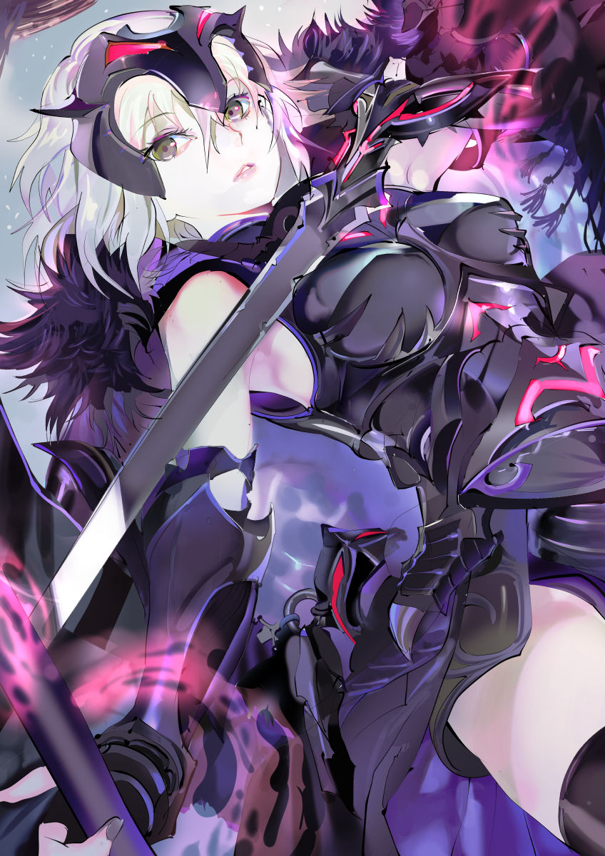 119 1girl armor armored_dress bad_id bad_pixiv_id black_dress black_nails black_thighhighs breasts brown_eyes dress dutch_angle fate/grand_order fate_(series) female_focus hair_between_eyes headpiece highres holding holding_sword holding_weapon jeanne_d&#039;arc_(fate) jeanne_d&#039;arc_alter_(avenger)_(fate) jeanne_d&#039;arc_alter_(fate) looking_at_viewer medium_breasts nail_polish parted_lips pixiv_fate/grand_order_contest_2 short_hair silver_hair sleeveless sleeveless_dress solo sword thighhighs weapon